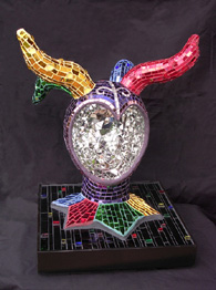 "The Fool"  mirrored glass and smalti mosaic over illuminated sculpture